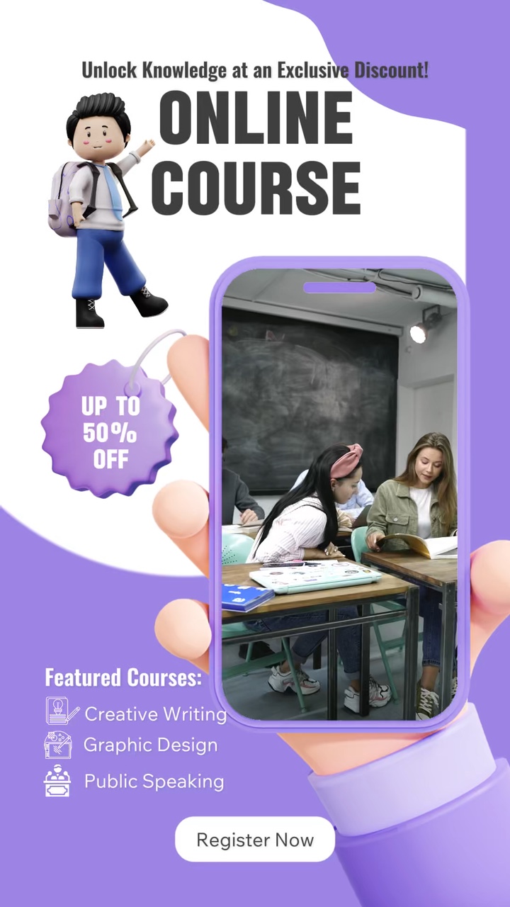 Descuento de curso en línea Plantilla de negocios Pantalla de tema púrpura Estilo TikTok